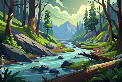 vector of Oregon Creek landscape, flowing water and mossy fallen trees, atmospheric forest setting, dynamic nature footage ideal for dramatic visual storytelling.