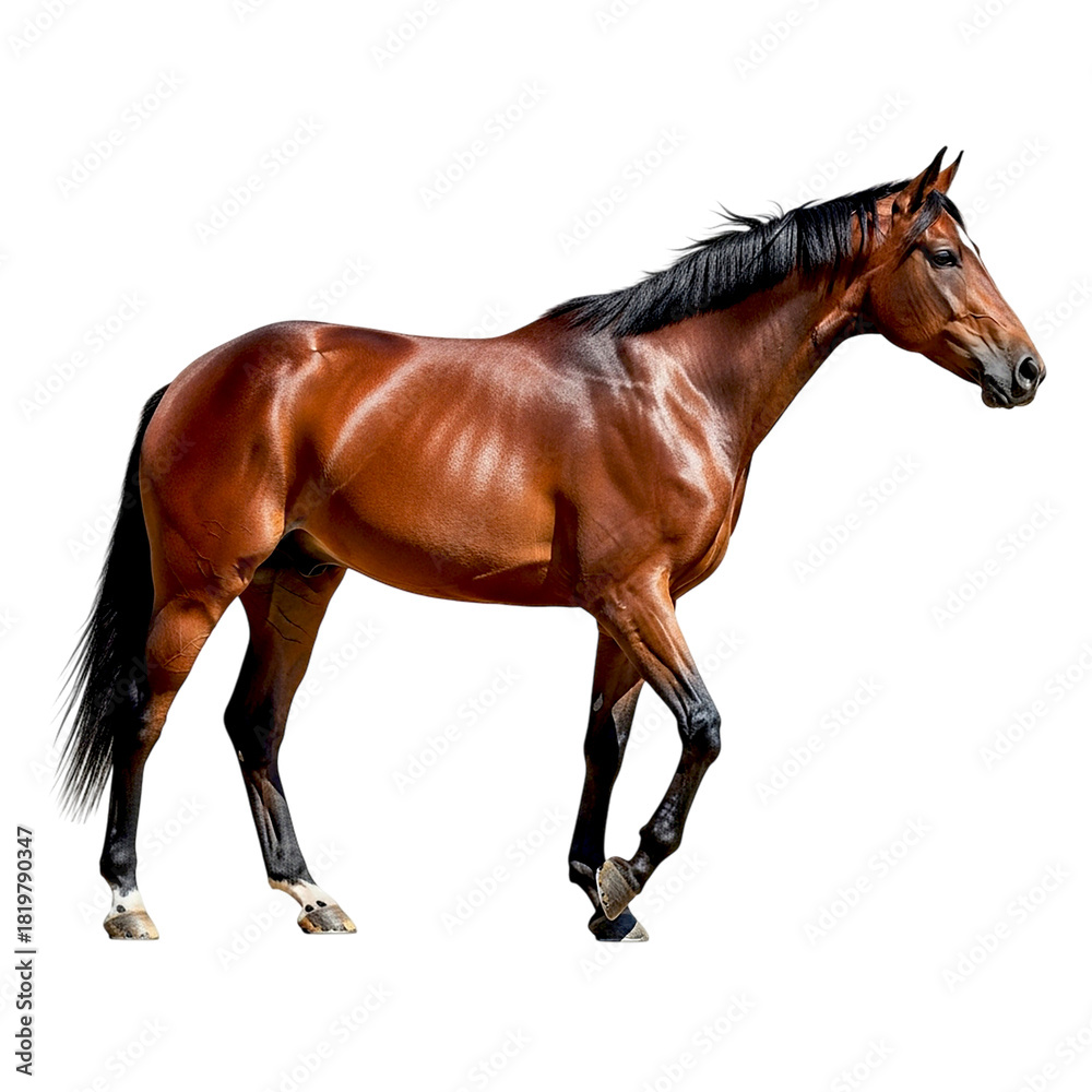 Obraz premium A chestnut horse with black mane and tail walking on a black background in a side profile view shot