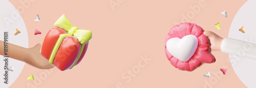 3D hands holding a gift box and a heart in a speech bubble, sharing, social media.