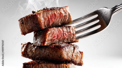 Steaming grilled beef steak slices stacked on a fork