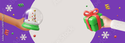 Hands holding gift box, Christmas ball with fir tree decorations, 3D Christmas presents, arms gives New year souvenirs