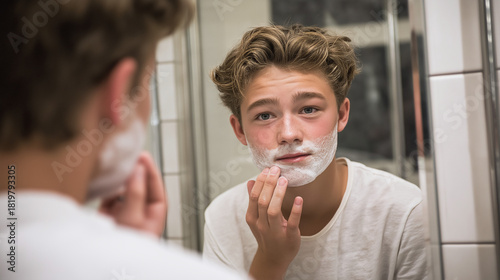A young man in a white shirt stands in a bathroom, applying shaving cream to his face. He's looking at his reflection in the mirror with a serious, focused expression