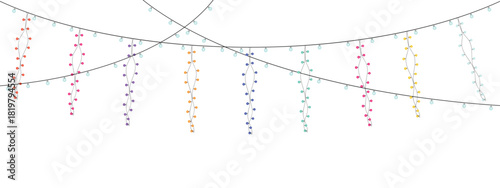 Rainbow string lights and icicle drops playful party lighting with a whimsical feel