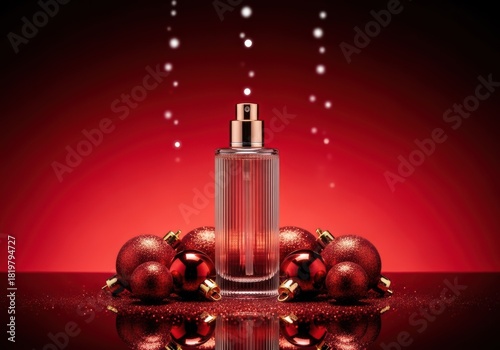 Festive perfume bottle with Christmas ornaments on a reflective surface