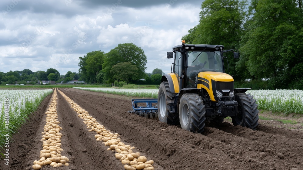Fototapeta premium Potato harvesting with a tractor in a lush green field during cloudy weather