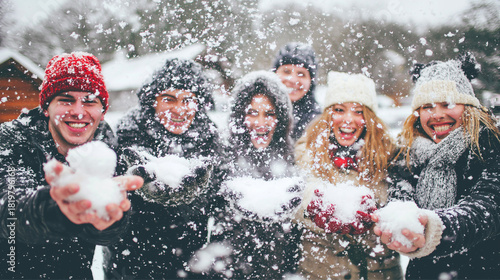 A group of young adults laughs and throws snowballs at the camera during a winter day. Light snowfall creates a joyful and playful mood in the mountain landscape