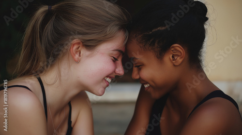 Two close friends, one of African descent and one Caucasian, are smiling and touching foreheads. They share a genuine connection in warm, natural lighting