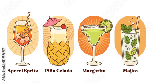 Delicious Cocktail Collection Aperol Spritz, Piña Colada, Margarita, and Mojito Vector Set