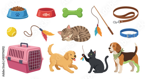 Collection of cute pets and their accessories, including a carrier, toys, bowls, leash, and collar