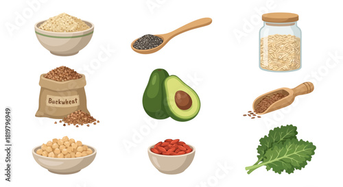 Assortment of healthy foods grains, seeds, avocado, and kale arranged on a white backdrop