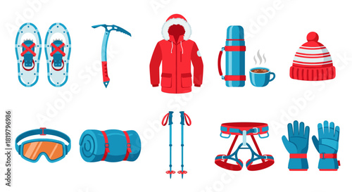 Collection of winter adventure and outdoor sport equipment, including gear for hiking, climbing, and skiing