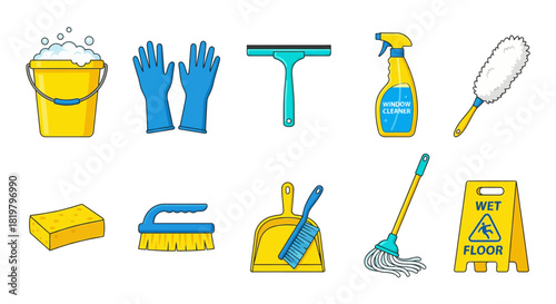 Cleaning Supplies Vector Set Bucket, Gloves, Squeegee, and More