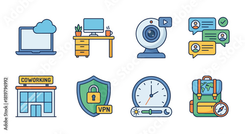 Set of Colorful Technology and Business Icons Illustrating Internet, Security, and Collaboration