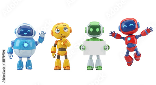 Four unique robot characters in a line with different expressions and poses, conveying a sense of artificial intelligence and futuristic technology