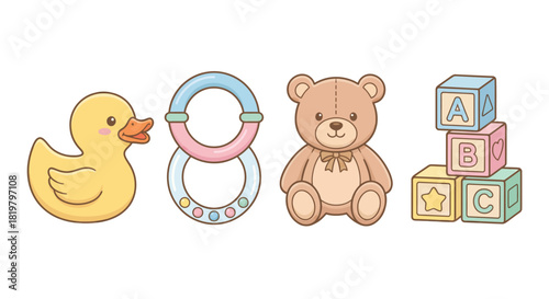 Cute baby toys collection including a rubber duck, rattle, teddy bear, and alphabet blocks