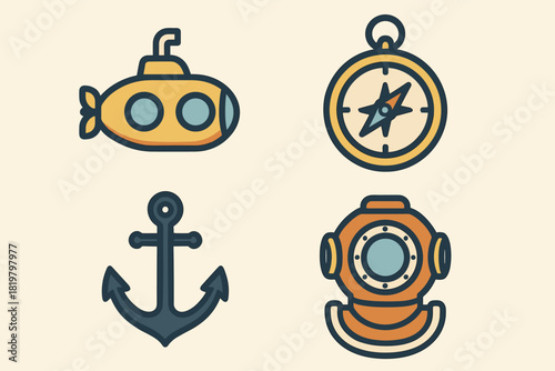 Color Nautical and Underwater Exploration Icons Set