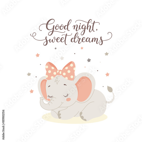 Template for a nursery room, poster, or card in a delicate pink and gray color scheme with expressive handwritten calligraphy Good night, sweet dreams. Cute baby elephant with a bow under the stars