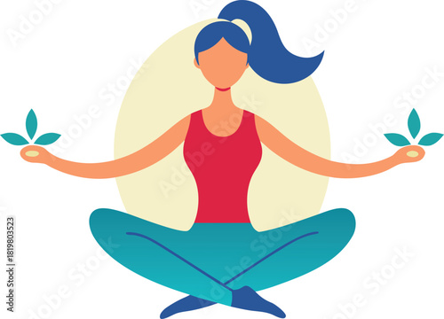 Woman in lotus pose with leaves, symbolizing harmony and nature