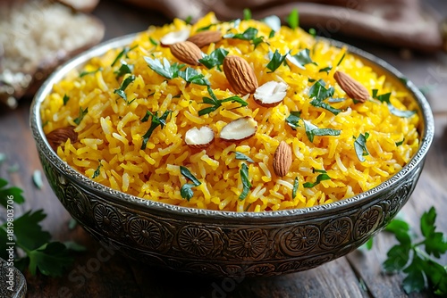 Decorative bowl filled with spiced rice high resolution picture