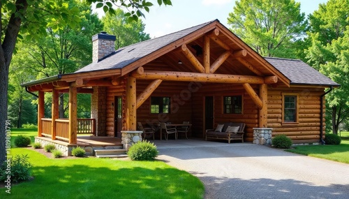 Rustic wooden porch seamlessly integrated with a detached garage, offering ample covered outdoor space and convenient storage Ideal for suburban or rural settings , vintage, country, beams