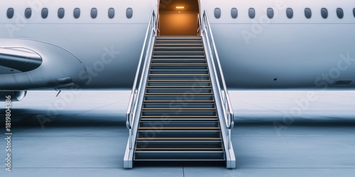 Airplane boarding stairs leading into cabin with glowing interior visible on a tarmac