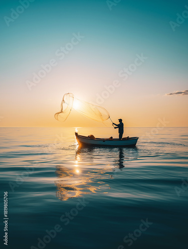Fisherman in a small boat casts a net over the calm sea at sunset. The net unfurls in the golden light.