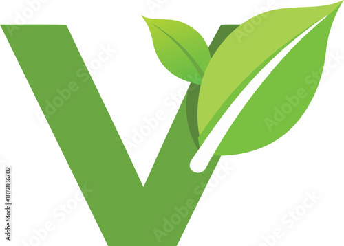 Green letter v with leaves, representing nature, growth, and vitality