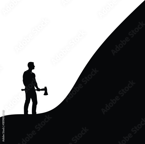 Silhouette of muscular man holding axe in black and white photography eps