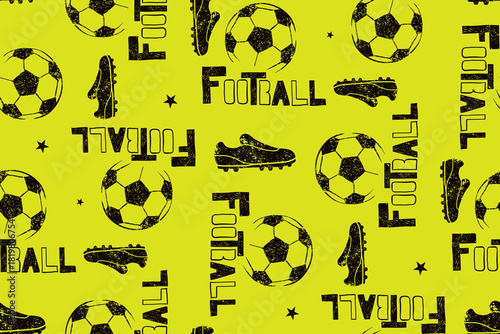 Seamless football pattern with balls, cleats and bold FOOTBALL lettering. Dynamic sporty print for kids apparel, activewear, T-shirts, textile and wrapping designs.