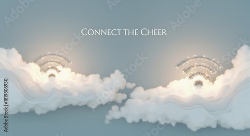Connect the cheer holiday message with festive wifi symbols on clouds. Christmas technology and digital communication concept. Internet greeting with copy space.