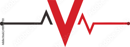 Red letter v integrated with heartbeat line cardiogram abstract logo