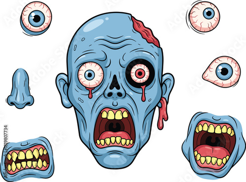 Zombie head cartoon, horror face illustration, scary undead character, grotesque features, Halloween vector art, flat vector illustration, creepy design