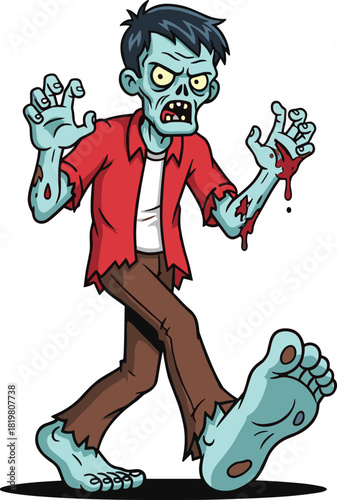 Zombie cartoon character, scary undead monster, Halloween horror creature, blue skin zombie, vector art, spooky illustration, flat vector illustration