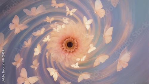 Swirling butterflies emerge from a flower in a dreamy, pastel spiral