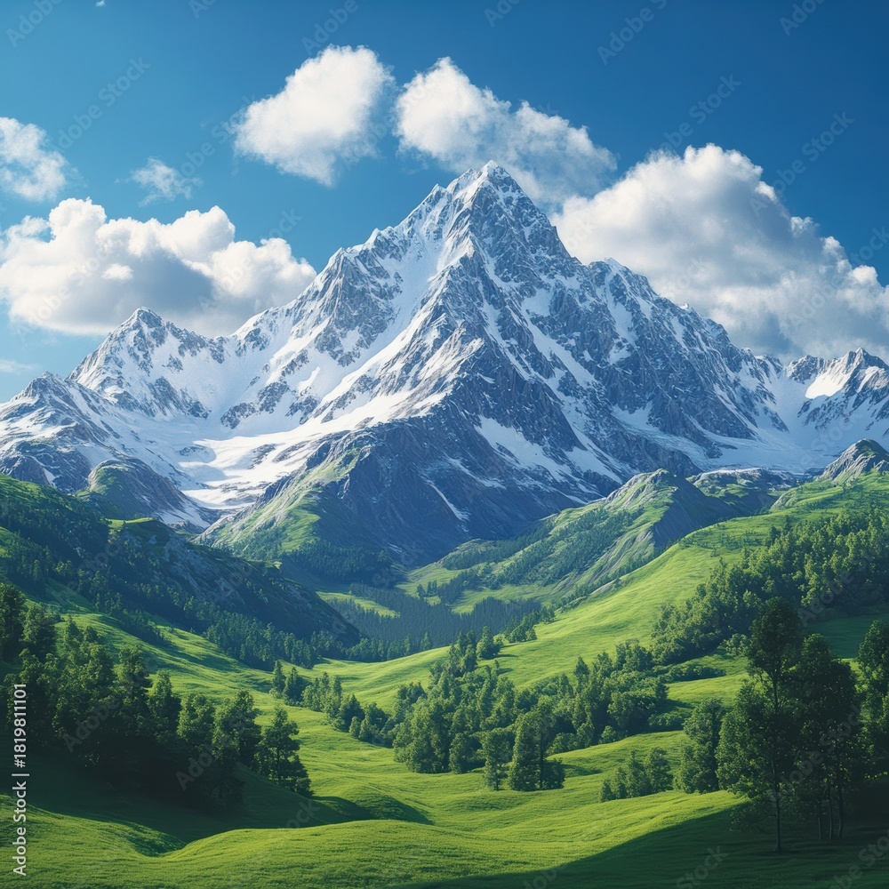 Obraz premium Majestic snow-capped mountains rise above lush green valleys under a bright blue sky.