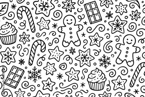 Holiday baking linear icon set. featuring gingerbread, cupcake, candy cane, snowflakes, star, and chocolate symbols