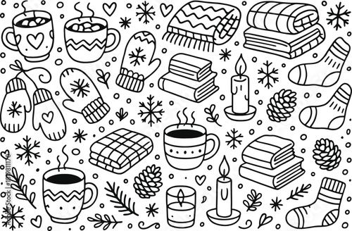 Cozy winter linear icon set. featuring mugs, candles, socks, blankets, mittens, and pine cones