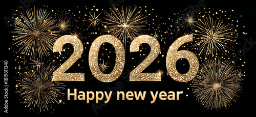 Gold glitter sparkles over a black background to celebrate 2026's New Year. Excellent for banners, websites, social media, posters, cards, and greeting cards.