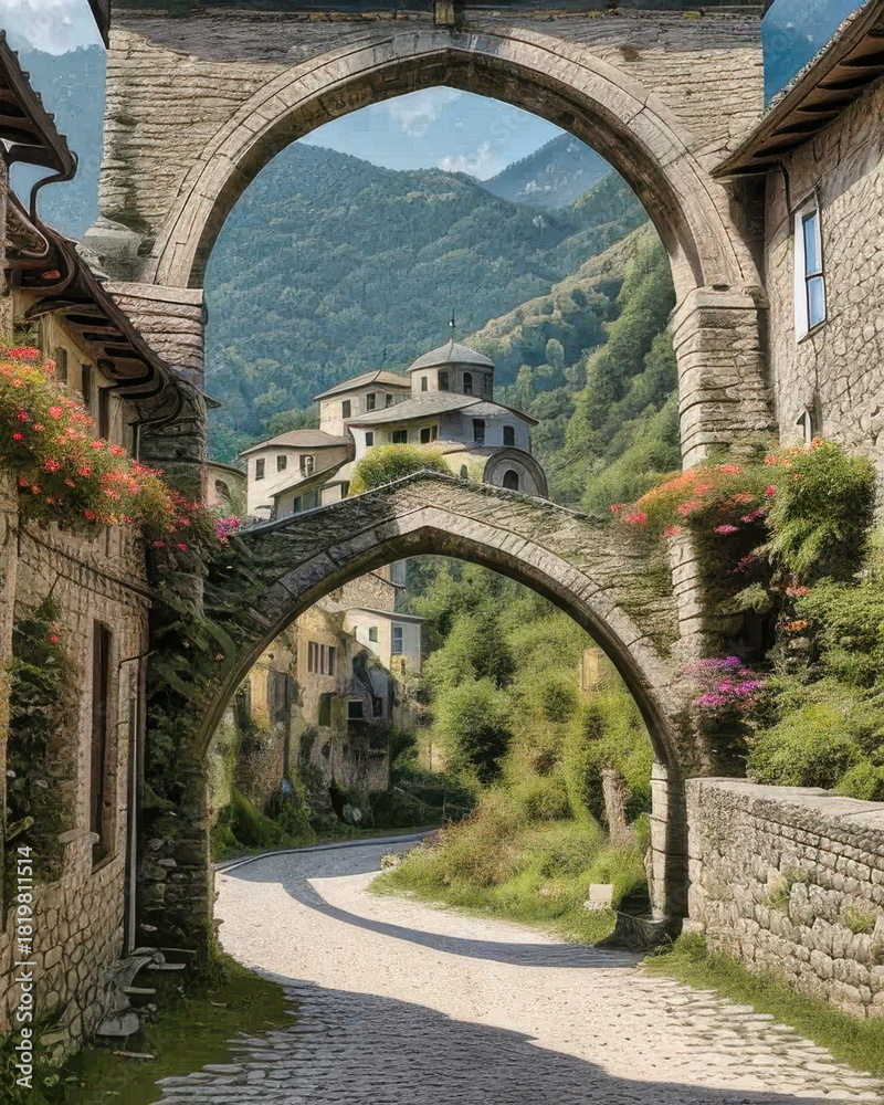 Fototapeta premium Cobblestone Road Through Arched Stone Homes in a Greek Mountain Village