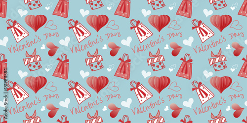 Seamless Valentine's Day pattern with heart balloons, gift bags and handwritten romantic elements. Cute festive vector background for wrapping paper, textiles and holiday design.