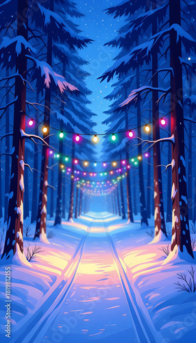 Snowy winter forest path with glowing colorful lights hanging between trees in bright festive night atmosphere for seasonal illustration use