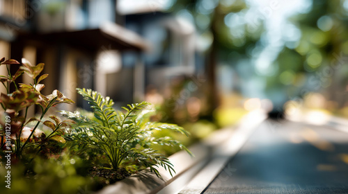 Road and beautiful dwellings display defocused neighborhood background residential street scene housing development visualization suburban property representation with copy