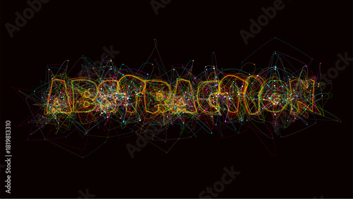 The word "ABSTRACTION" formed by chaotic, glowing, multicolored lines and dots. Against a black background, the bright lines appear particularly contrasting and colorful.