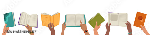 Diverse hands holding open and closed books. Concept of reading, learning and shared knowledge. Hand drawn vector illustration isolated on white background, modern flat cartoon style.