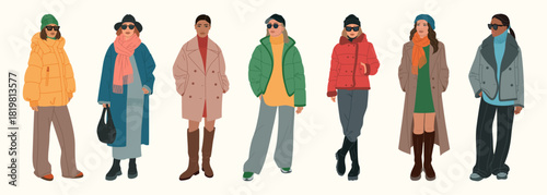 Set of young women in autumn-winter outfits. Stylish girls in street style outwear. Casual warm closes. Hand drawn vector illustration isolated on white background, modern flat cartoon style.