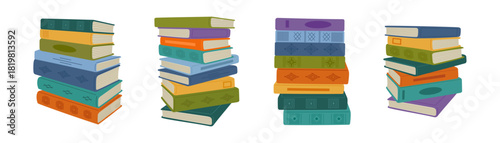 Set of books stacks. Textbook or fiction in colorful hardcovers. Education, library, exam, book shop. Hand drawn vector illustration isolated on white background, flat cartoon style.