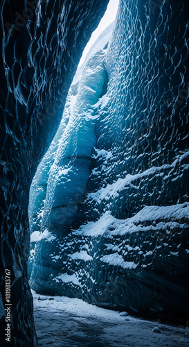 Textured deep blue glacier ice cave interior with snow, narrow frozen crevasse canyon, moody arctic winter landscape, vertical abstract background