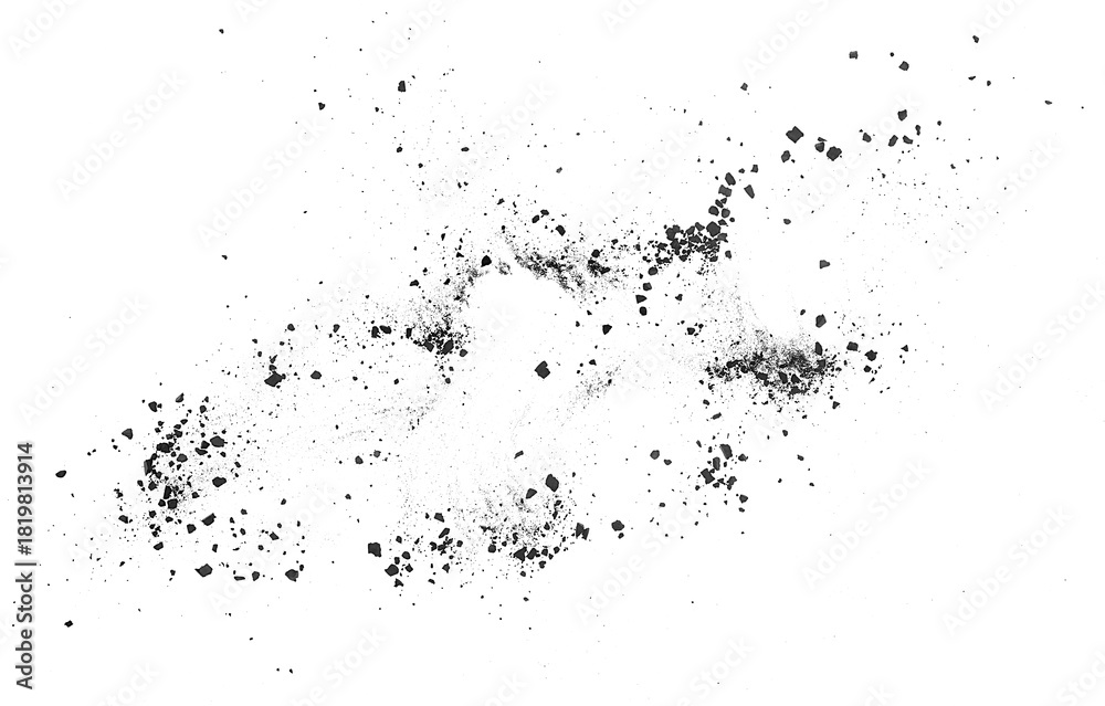 Fototapeta premium Black coal pieces, broken chunks isolated on a white background, top view. Black coal dust, gunpowder.