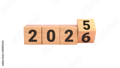 Wooden blocks showing the digits of the year 2026, with the last cube rotating from 2025 to 2026 on transparent background, representing time passing