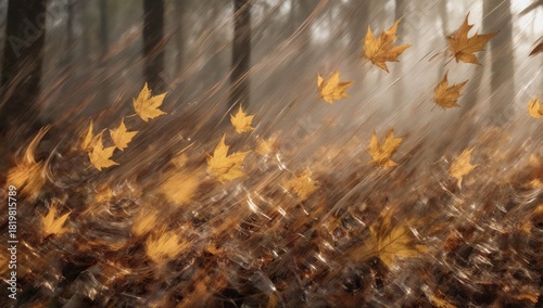 Autumn leaves blurred by wind in forest, evoking movement and season